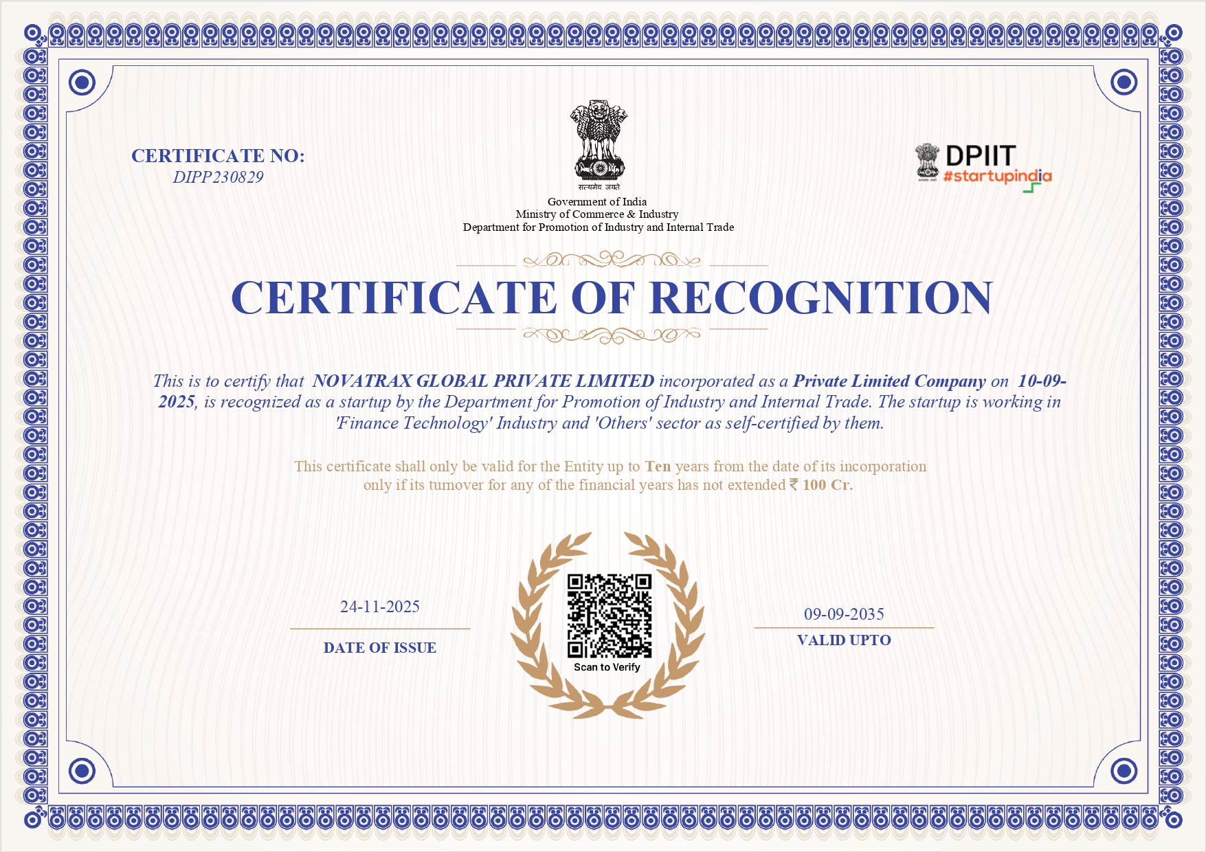 Startup India Certificate